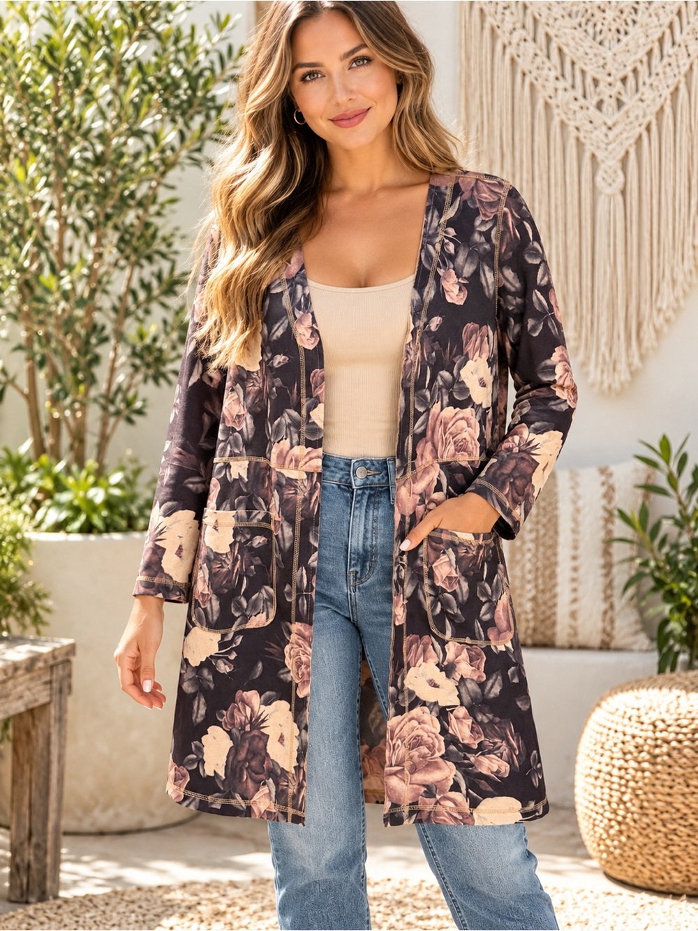 NWOT Solitaire Floral Open-Front Faux Suede Cardigan Size Small